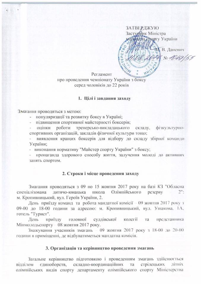 Регламент про проведення чемпіонату України з боксу серед чоловіків до 22 років