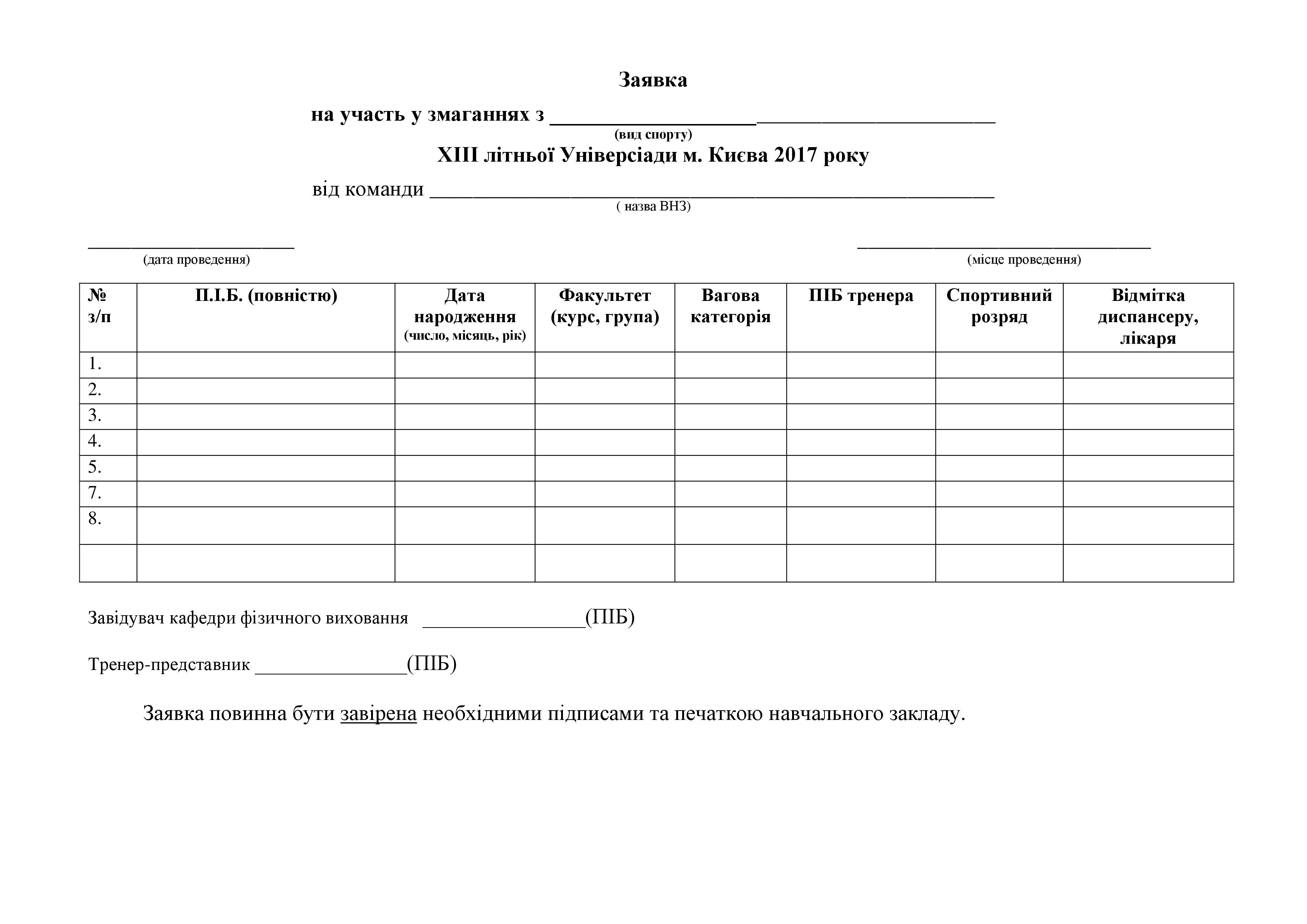 Заявка на участь у змаганнях з ХІІІ літньої Універсіади м. Києва серед вищих навчальних закладів  (типу університет, академія, інститут) з боксу (чоловіки та жінки)